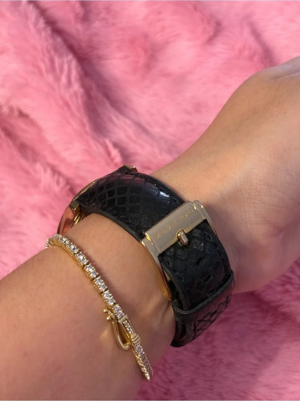 Michael Kors Gold Crystal Dial Unisex Watch with Black Leather Strap